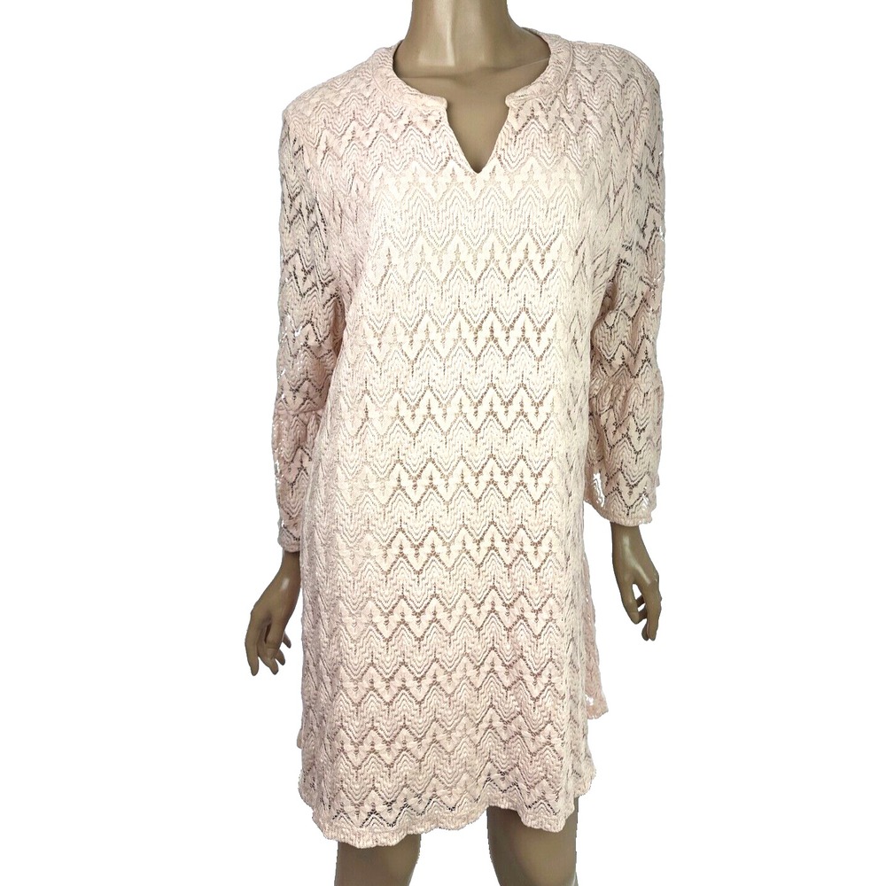 Style & Co. Shift Dress Size Large Pink Crochet Bell Sleeves Split V Neckline